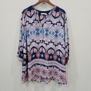 Rose & Olive Popover Tunic Top Plus Size Blue Multi Abstract Oversized Lagenlook